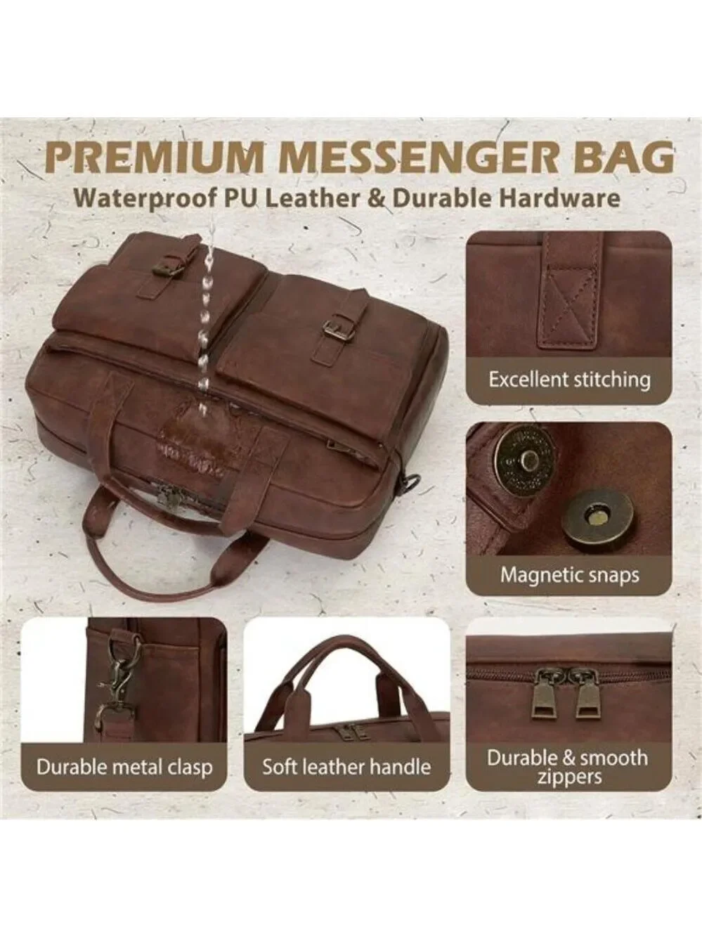 Mens Leather Laptop Bag 16 Inch Messenger Work Briefcase Shoulder Bag Brown